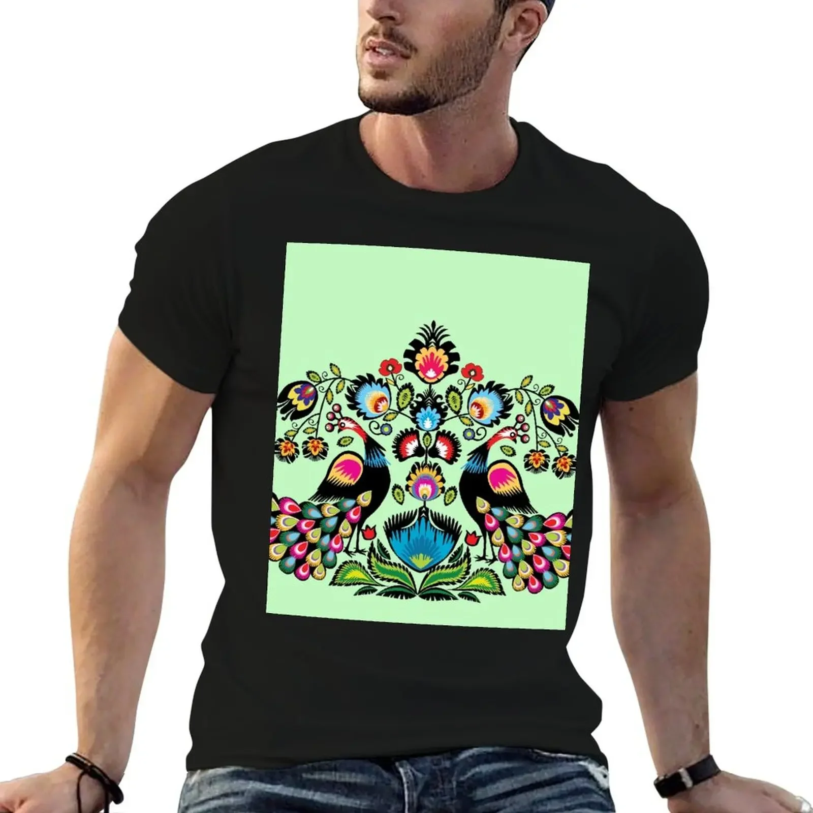 

Folklore peacocks on minty green T-Shirt man t shirt graphics Short sleeve tee men