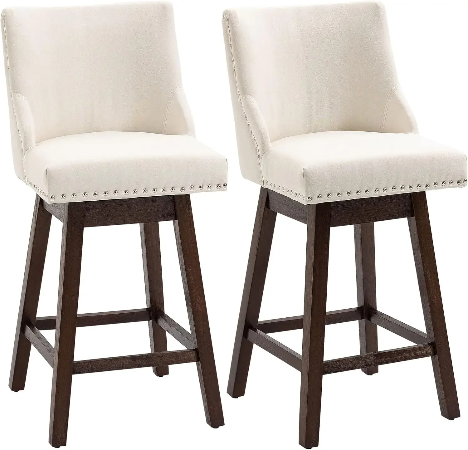 PU couro estofado altura Bar fezes, cadeiras com Nailhead Trim e pernas de madeira, creme branco, conjunto de 2, sem braços Barstools