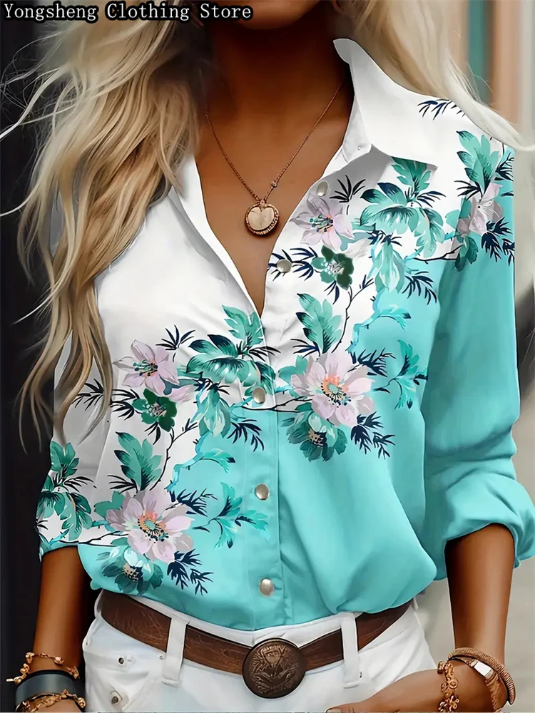 2024 summer women\'s long-sleeved printed ice silk shirt independent station hot new popular Hawaiian vacation clothing