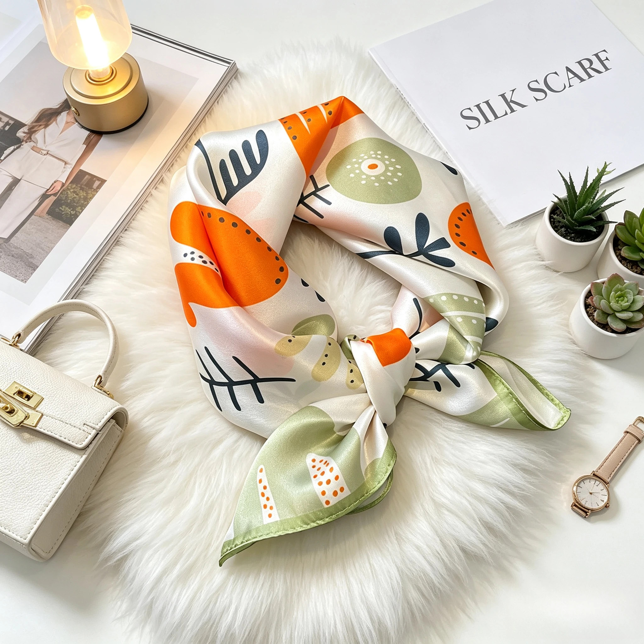Korean Version of Abstract Tulip Cartoon Illustration 53 Square Scarf Silk Mulberry Silk Scarf Tied Bag Decorative Silk Scarf