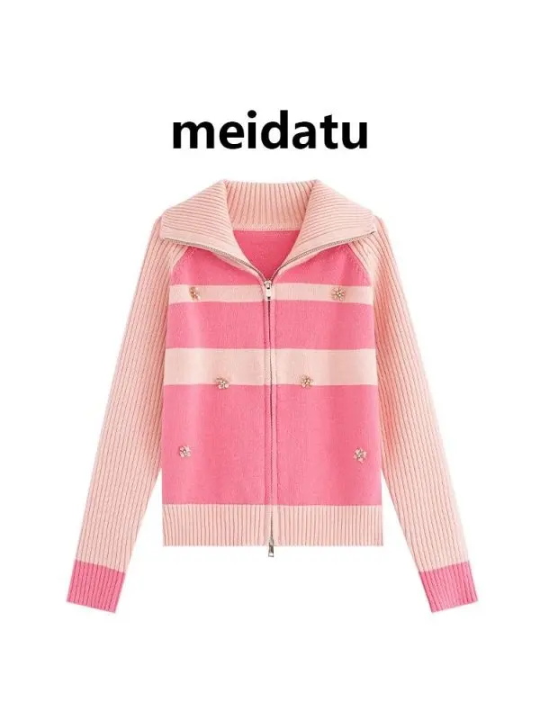 

Стильный полосатый трикотажный топ на молнии для женщин: модный, универсальный, стройнящий, в корейском стиле, стандартный крой, размер S