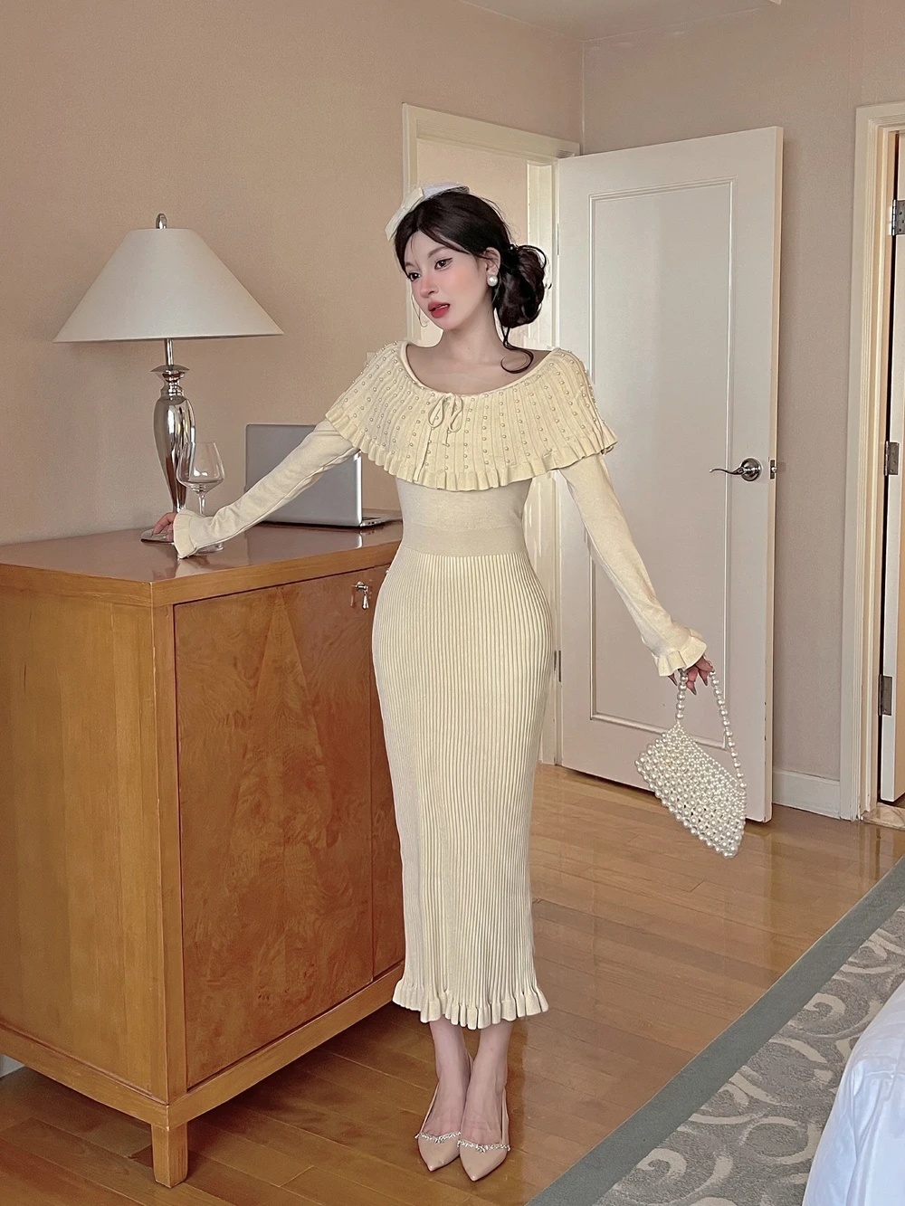 الخريف الشتاء المرأة التفاف فساتين محبوكة الإناث موضة أنيقة حبة الكشكشة كم طويل غمد تريكو مكتب Bodycon فستان