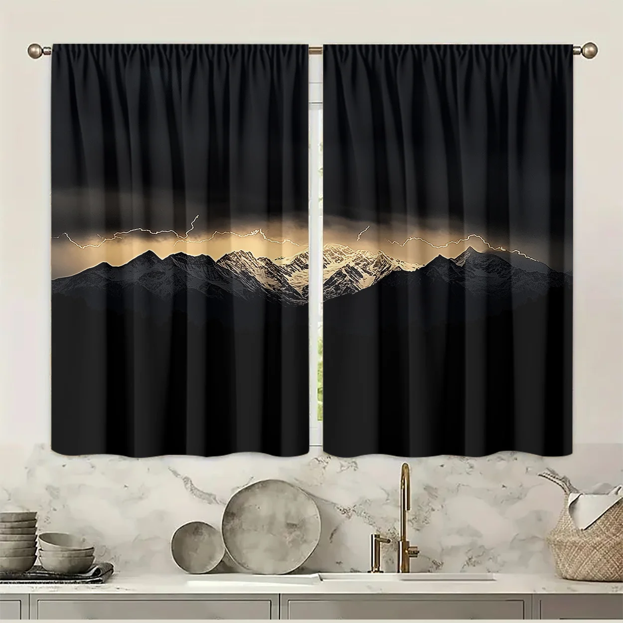2pcs Art Deco Blackout Curtains, Mountain Lightning Print, Rod Pocket Peach Skin Velvet Drapes, Machine Washable, Fade Resistant