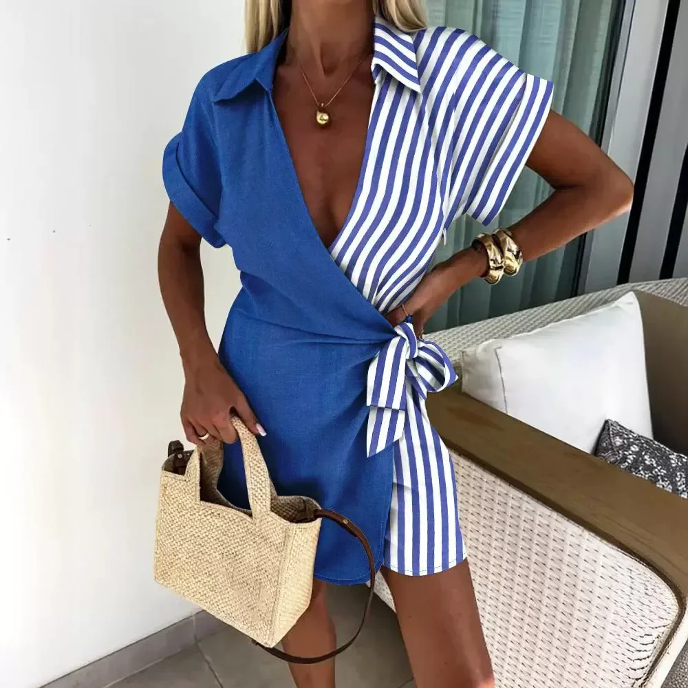 Women Jumpsuit 2024 Summer New Striped Tied Detail Turn-Down Collar Short Sleeve Fashion Casual Daily Above Knee Overlap Romper