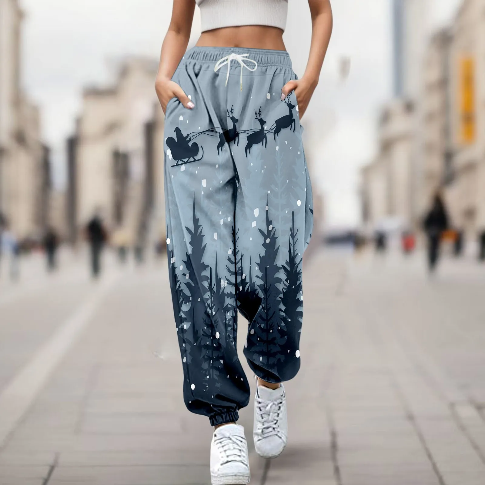 2024 Casual Print Sport Trousers Women Christmas Santa Tree Elk Loose Baggy Pants With Pockets High Waist Drawstring Pantalones