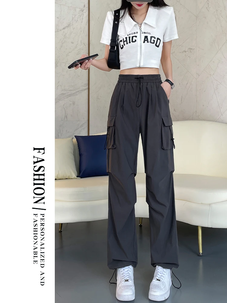 ارتفاع الخصر الأمريكية Sle العمل السراويل النسائية الصيف الجديدة خمر مستقيم الساق التخسيس المظلة كوي السراويل الرياضية الجافة