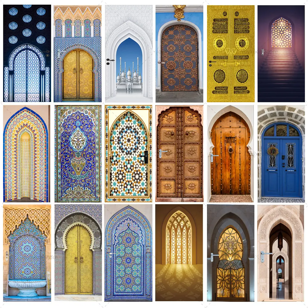 Muslim Islamic Style Door Sticker Retro Arch Architectural Design Mecca Mosque Waterproof Home Decoration Porch Wallpaper Mural