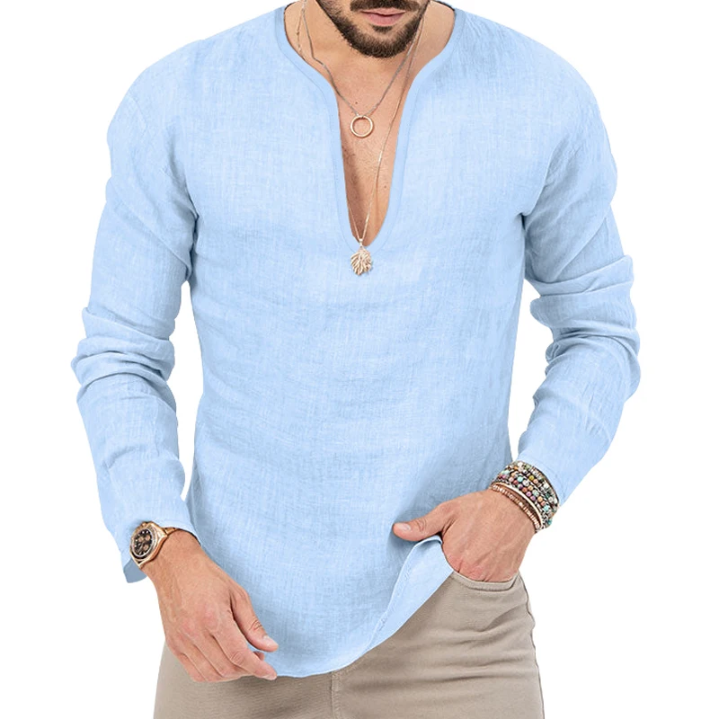 Summer men\'s deep V-neck T-shirt top, European and American men\'s solid color large Leisure long sleeves sleeved T-shirt