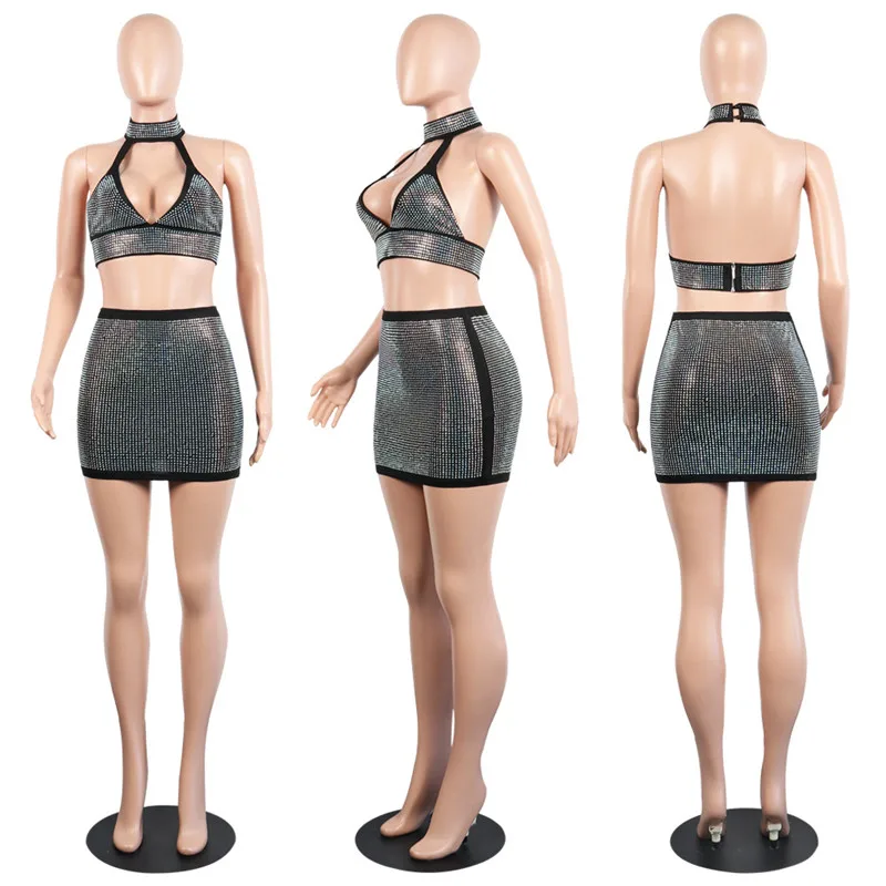Autumn Sexy 2 Piece Set Women Fashion Party Club Wear Rhinestone Halter Crop Top and Bodycon Mini Skirt Suit Two Piece Dress Set image 5