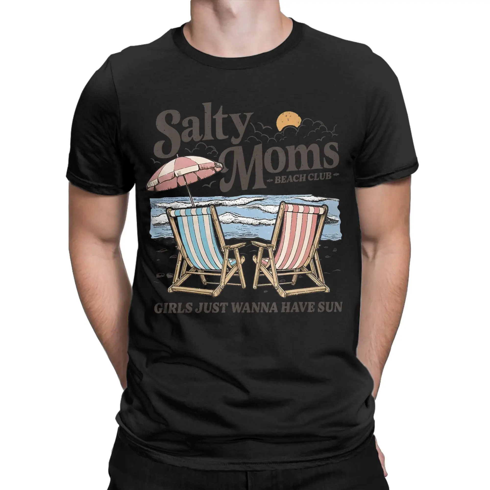 Men T-Shirt Salty Moms Beach Club Summer Vacation Holiday Beach Humor Pure Cotton Tees Short Sleeve  T Shirts Clothing Plus Size
