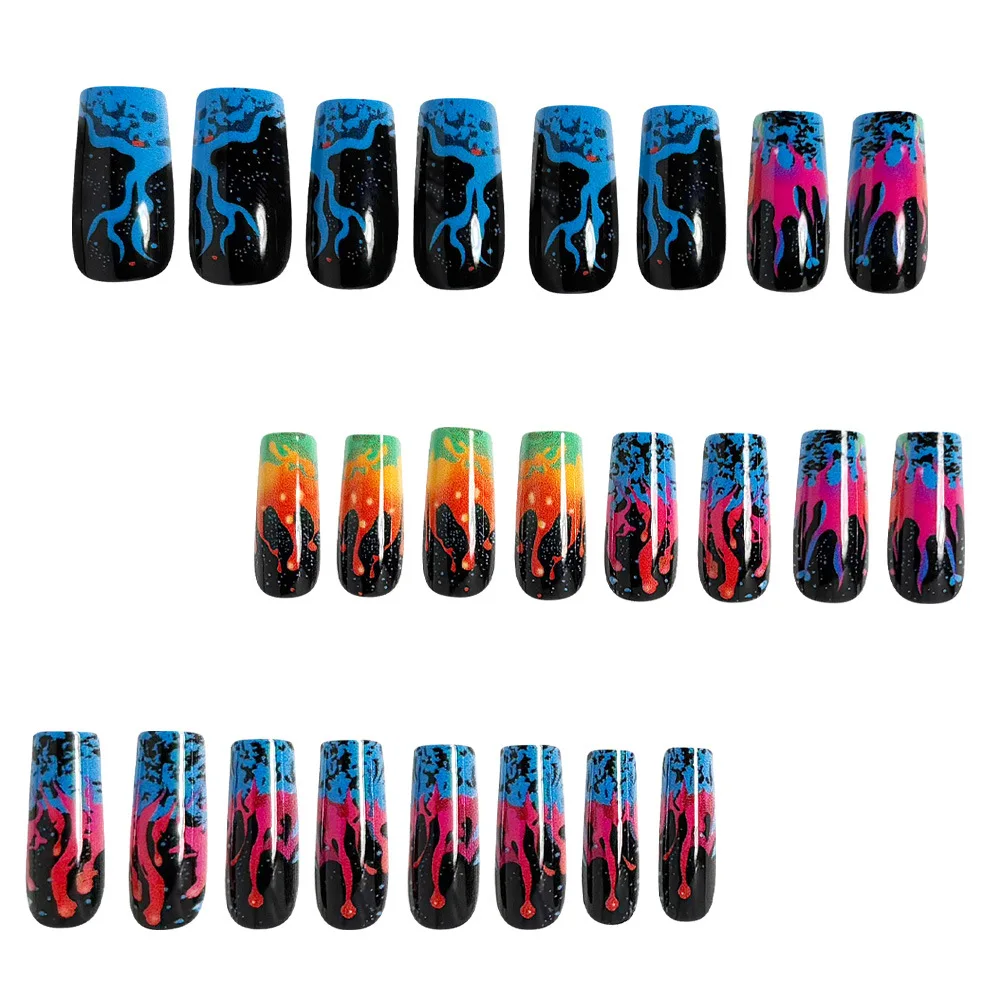 Medium fake nails for women girls Y2K gradient green blue orange blue graffiti Square almond nail tips full cover press on nails view 3