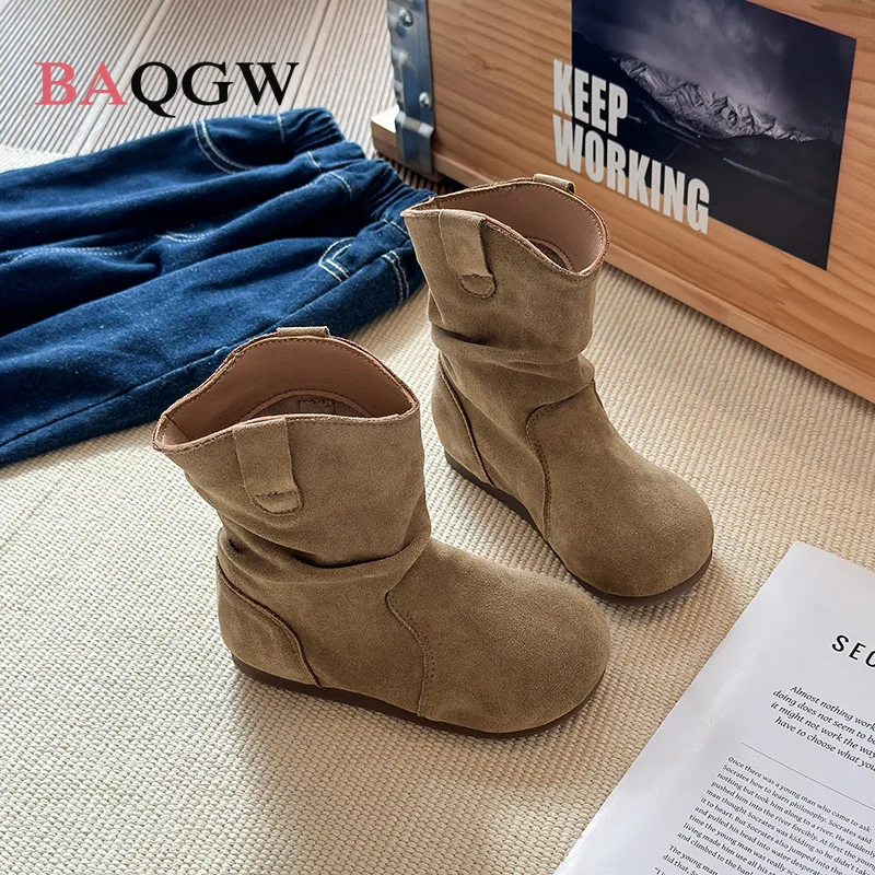 Faux Suede Retro Slouch Mid Calf Boots Round Toe Soft Non Slip Children Fashion Boots for Girls Autumn Daily Wear