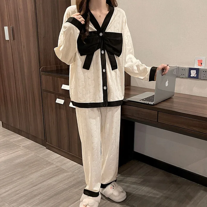Women Spring Pajamas Bow Sweet Pyjamas Long Sleeve V Neck Loungewear Casual Loose Nightdress Matching Color Lacework Sleepwear
