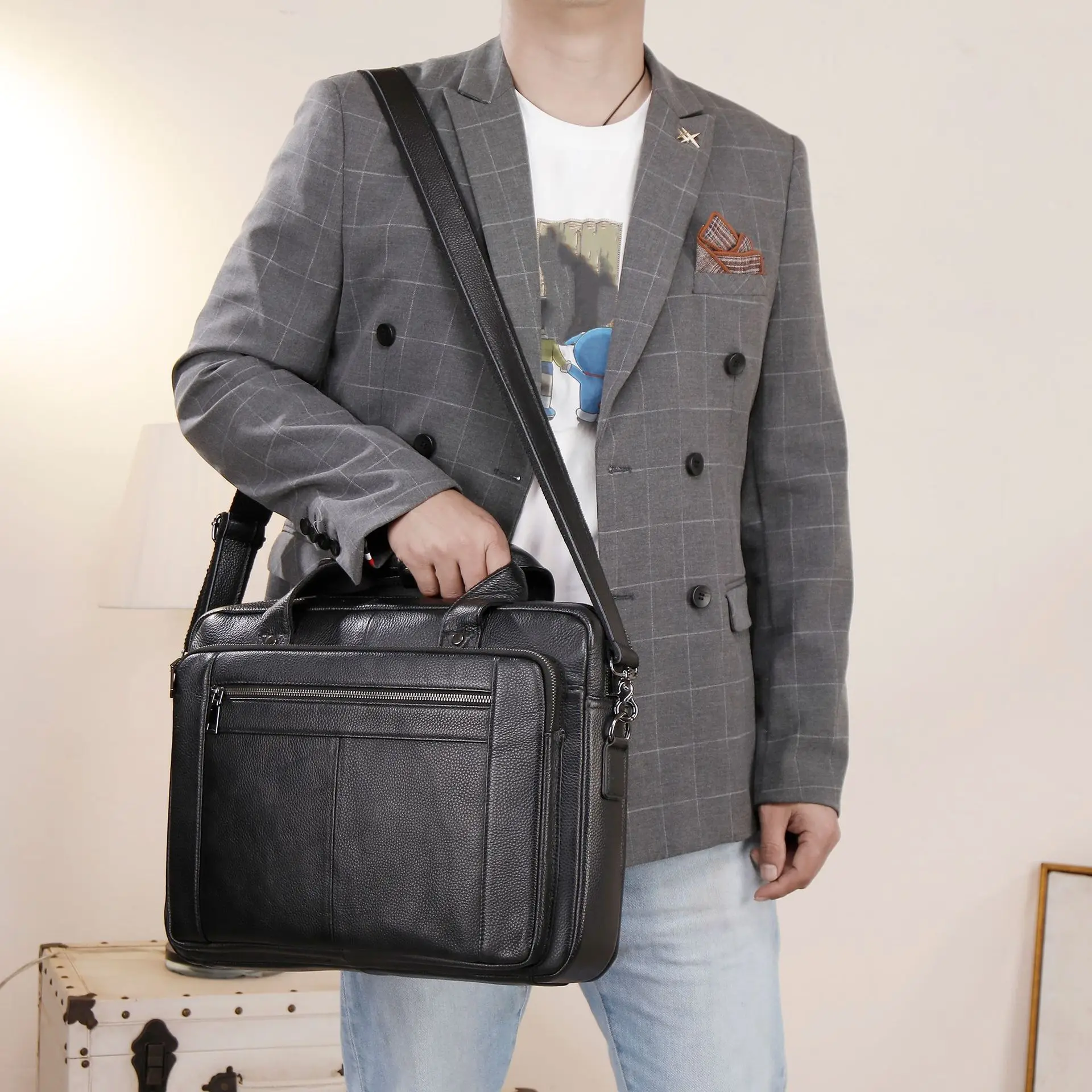 กระเป๋าแล็ปท็อปหนังแท้สำหรับผู้ชาย, กระเป๋าสะพายข้างสำหรับทำงาน, กระเป๋าเอกสาร, มีช่องและกระเป๋าหลายช่อง