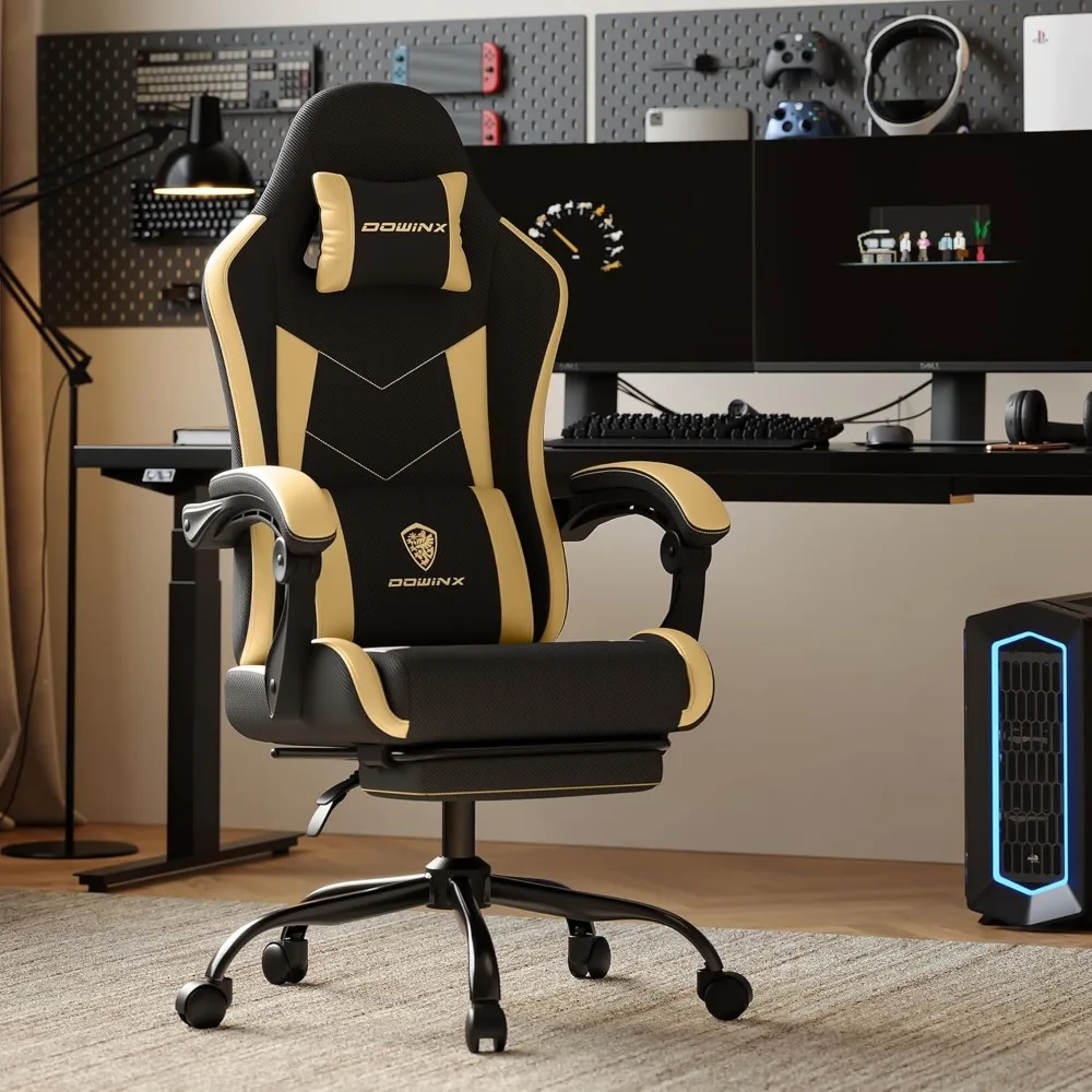 Ergonomic Leather Mesh Gaming Chair with Footrest, Massage Lumbar Support, Adjustable Height and Headrest Pillow for Comfortable