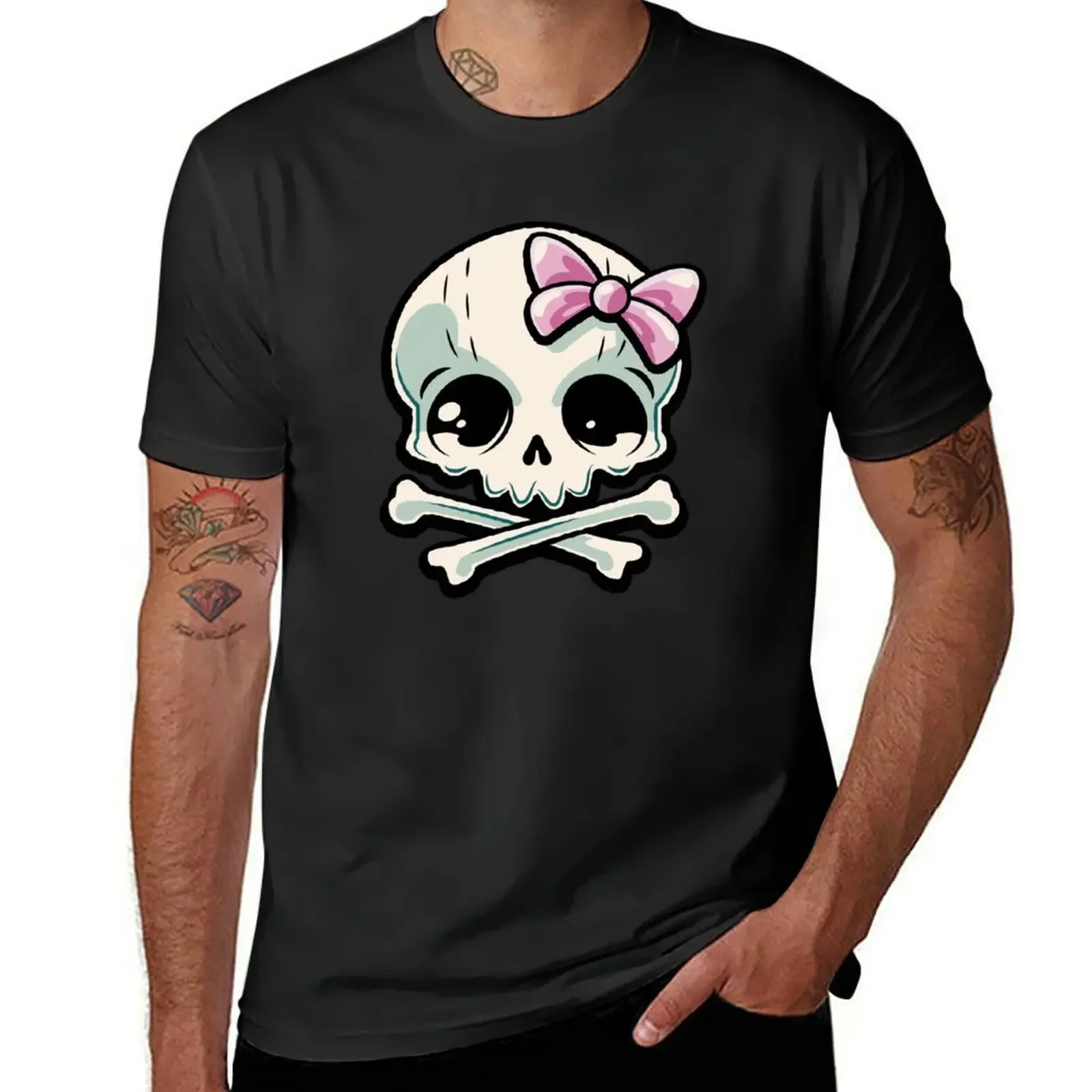 Kawaii skull with a pink hair bow T-Shirt blacks anime t shirts for men graphic