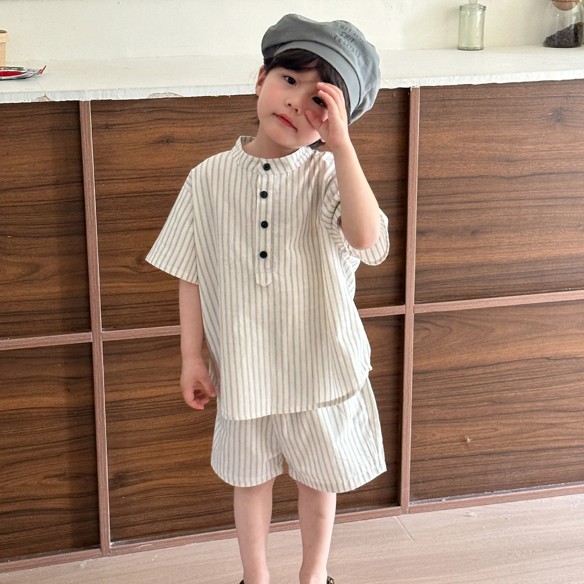 2024 Summer Thin Brother Sister Outfits Boy Children Cotton Short Sleeve T-shirt+Shorts 2pcs Girl Baby Striped Fly Sleeves Dress