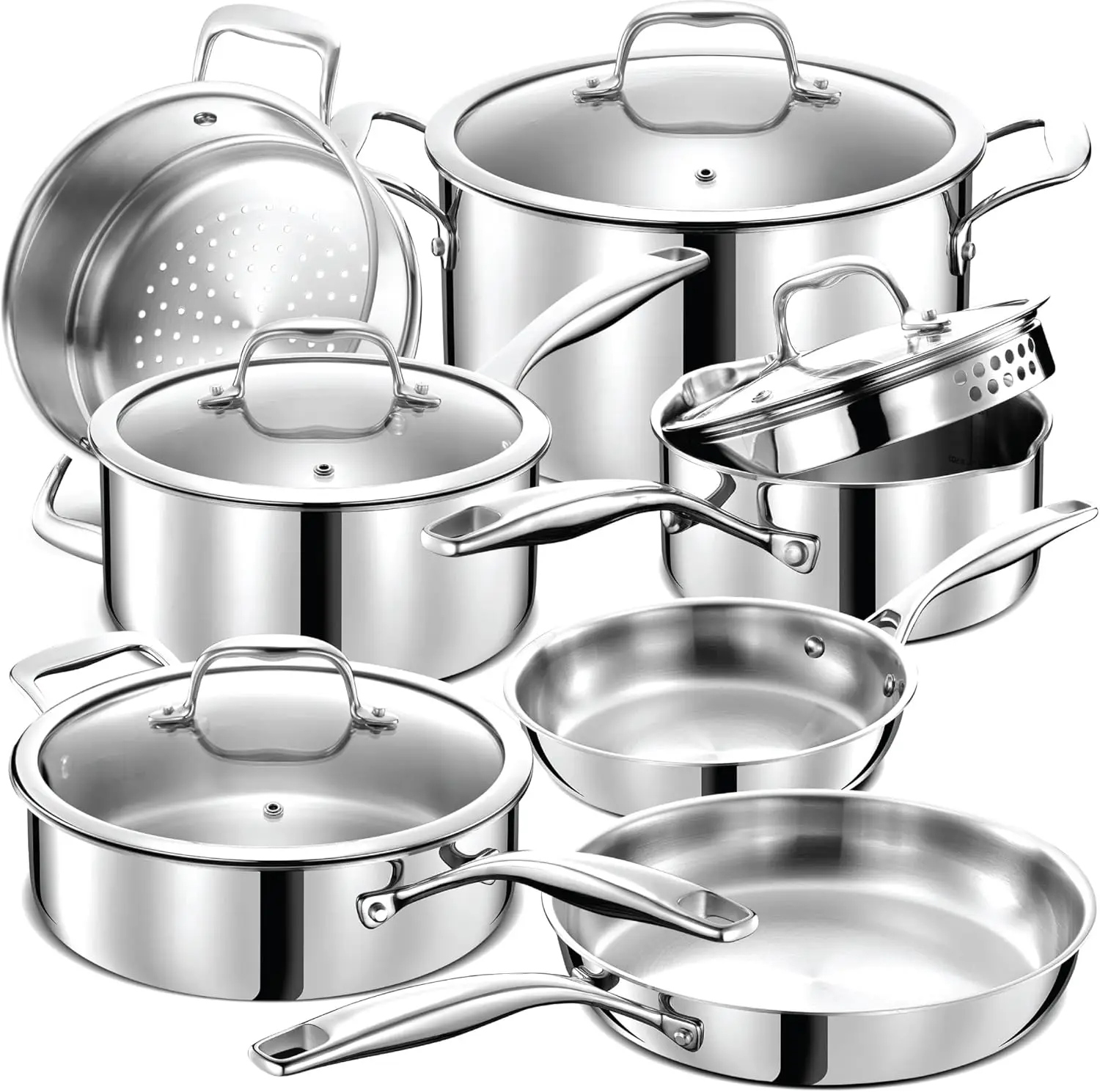 3 Ply Stainless Steel Pots and Pans Set | 11-Piece w/Glass Lids, Non-Toxic, Induction, Oven Safe | Best 18/0 Ful