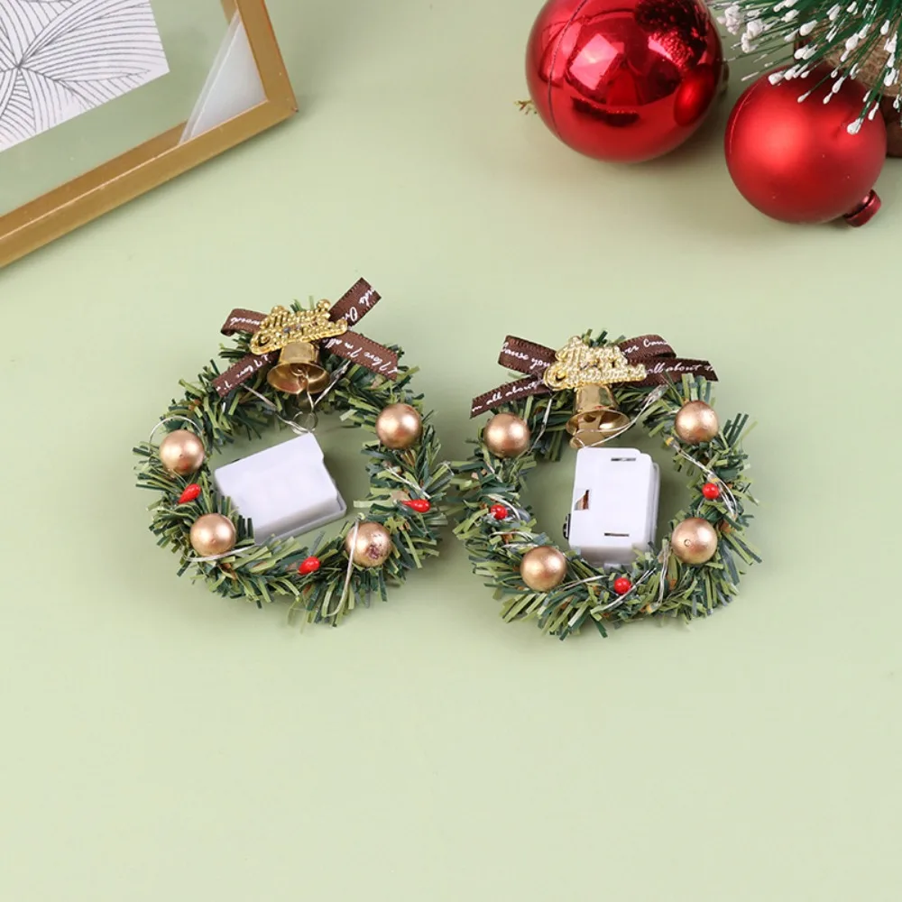 Miniature Dollhouse Christmas Garland with Light Luminous Christmas Wreath Simulation Artificial Vine Xmas Tree Ornaments Kids