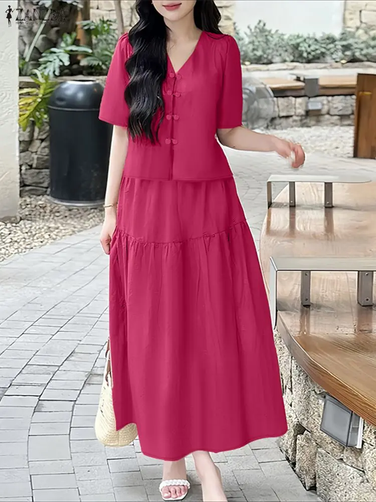ZANZEA Pakaian Wanita Bergaya Musim Panas Set 2 Potong Blus Lengan Pendek Kerah V Gaun Setelan Elegan Polos OL Pakaian Kerja Tracksuit Ukuran Besar