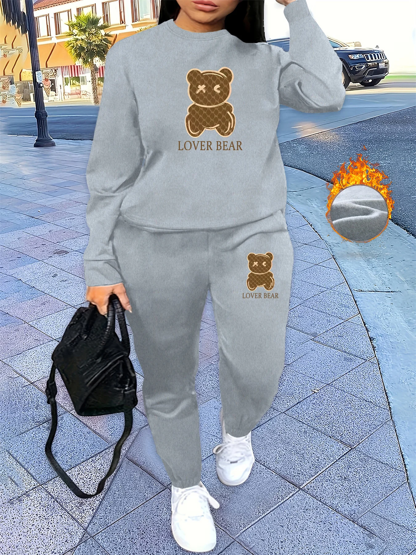 여성용 가을 겨울 힙합 캐주얼 스트리트 패션 만화 곰 프린트 라운드 넥 스포츠 셔츠+스포츠 바지 따뜻한 세트
