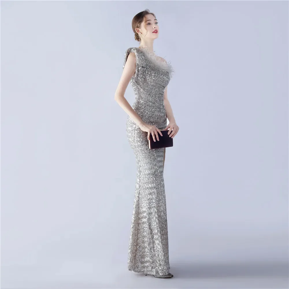 Sladuo One Shoulder With Feather Sequin Prom Dresses Sexy High Slit Long Mermaid Formal Evening Party Gowns