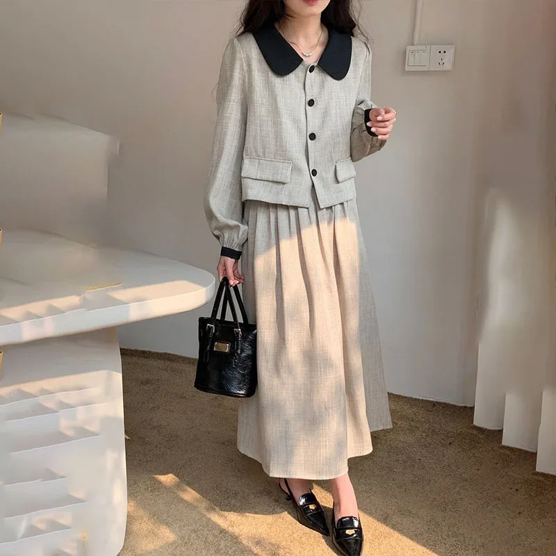 Spring Autumn Women Elegant Skirt Two Piece Set Turn-down Collar Crop Tops Short Jackets + High Waist A-line Pleated Skirts Suit