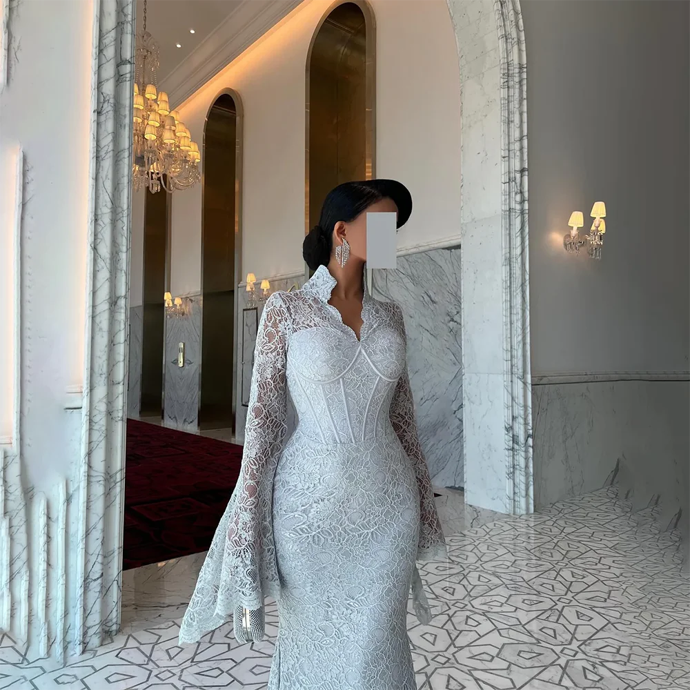 فستان حفلة موسيقية أنيق من الدانتيل الأبيض مخصص برقبة على شكل حرف V وأكمام طويلة فساتين سهرة حورية البحر بطول الأرض فستان حفلة دبي العربية