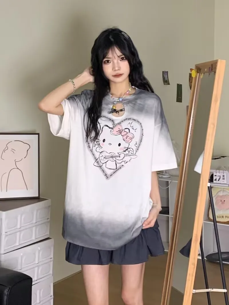 

Gradient Colour Love Hello Kitty Printed Short Sleeve Graphic T Shirts Summer American Loose Casual New Tops Oversized T Shirt