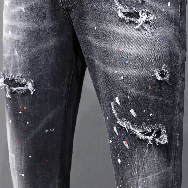 DesignerY2K High Street Fashionable Men's Black Grey Jeans Retro Elastic Slimming Ripple Jeans Men's Painted Hip Hop Brand Pants