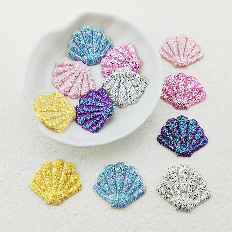 60Pcs 3.5*3CM Shiny Glitter Shell Padded  Appliques For Clothes Hat Sewing Supplies DIY Headwear Hair Clip Bow Decor Patches