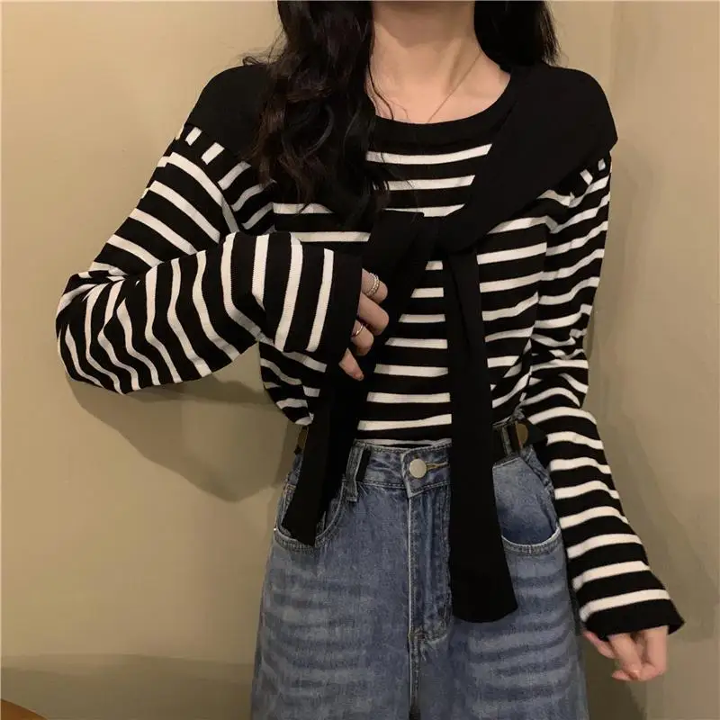 Stylish Shawl Spliced O-Neck T-shirt Spring Autumn New Korean Striped Knitted Female Clothing Casual Basic Long Sleeve Pullovers