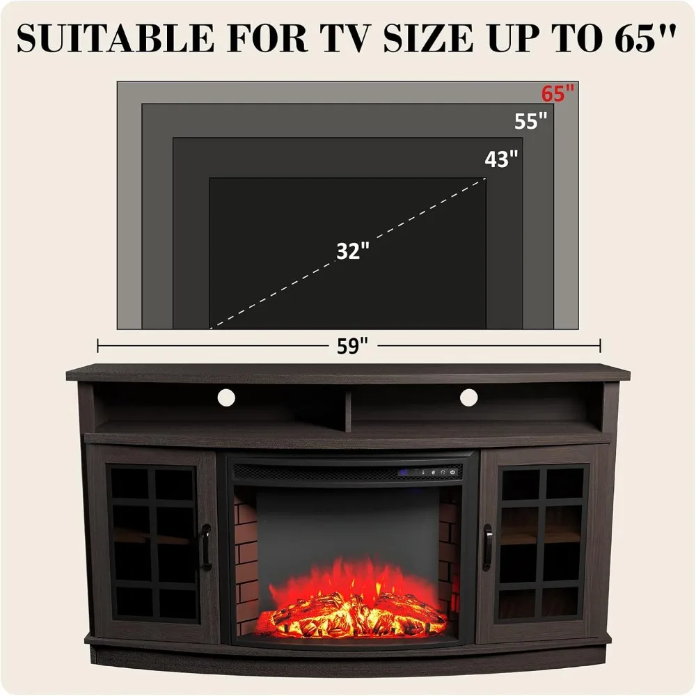 59" Curved Fireplace TV Console, Entertainment Center Table with Open Shelves and Farmhouse Glass Door Media TV Cabinet Stand