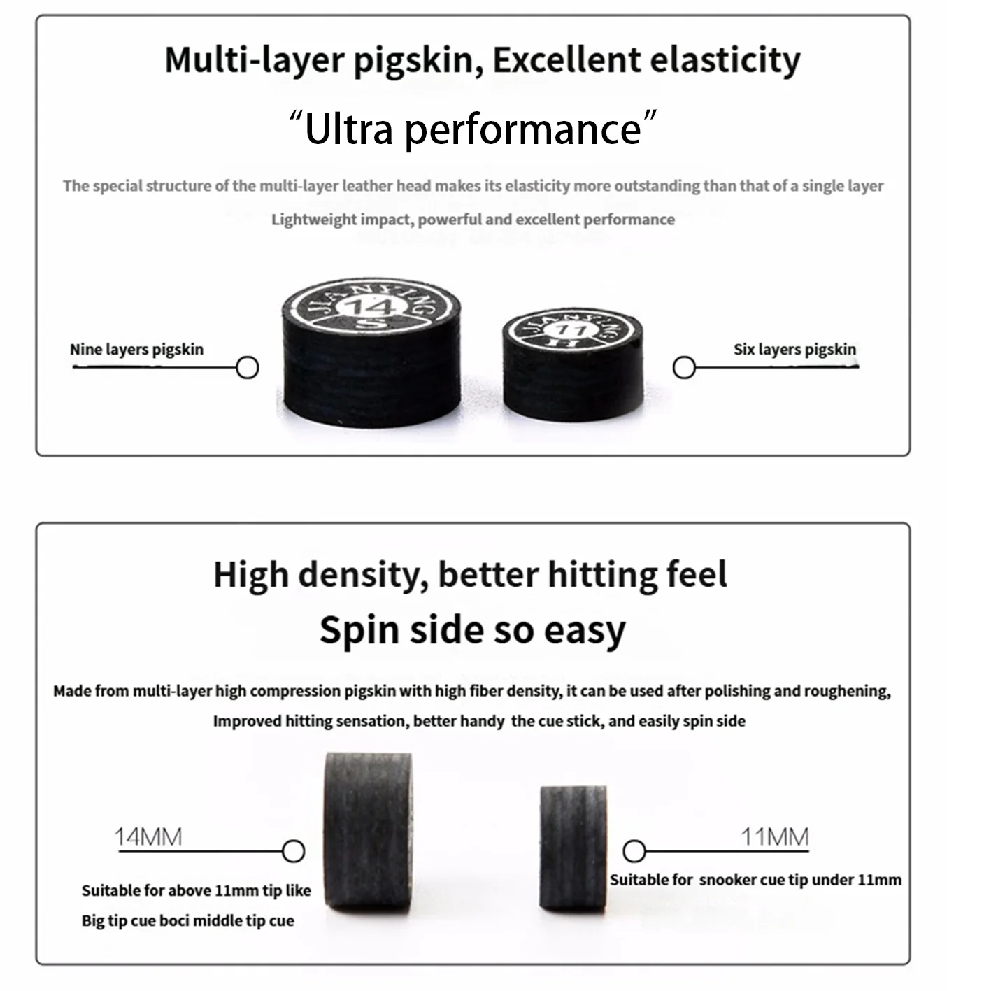 YFen جودة ممتازة 1/2 طرف جديلة البلياردو مكون من 9/6 طبقات من جلد الخنزير 11 مم/14 مم، S/M/H، ملحق البلياردو لعصا البلياردو