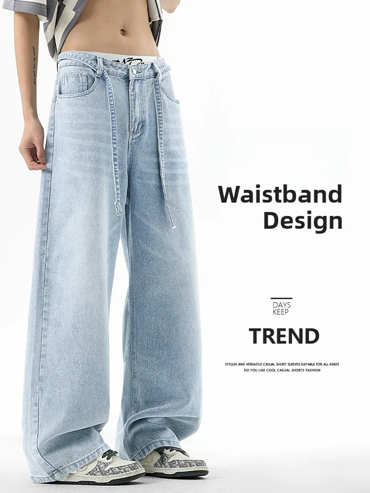 

Light Blue Men's Denim Jeans Summer Thin Wide Leg Straight Casual Tied American Retro Long Pants Cotton Youth Faion Breathable