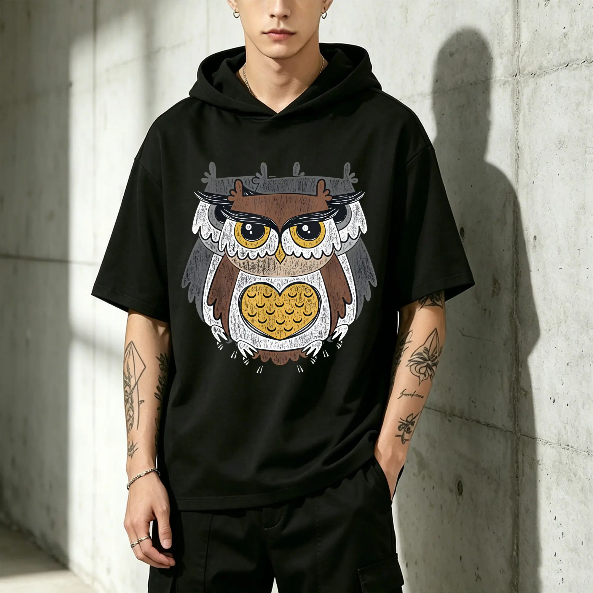 Men's Short-Sleeve Hoodie, Cozy Owl T-Shirt, a Favorite Gift for Owl Enthusiasts, Fitted Cut