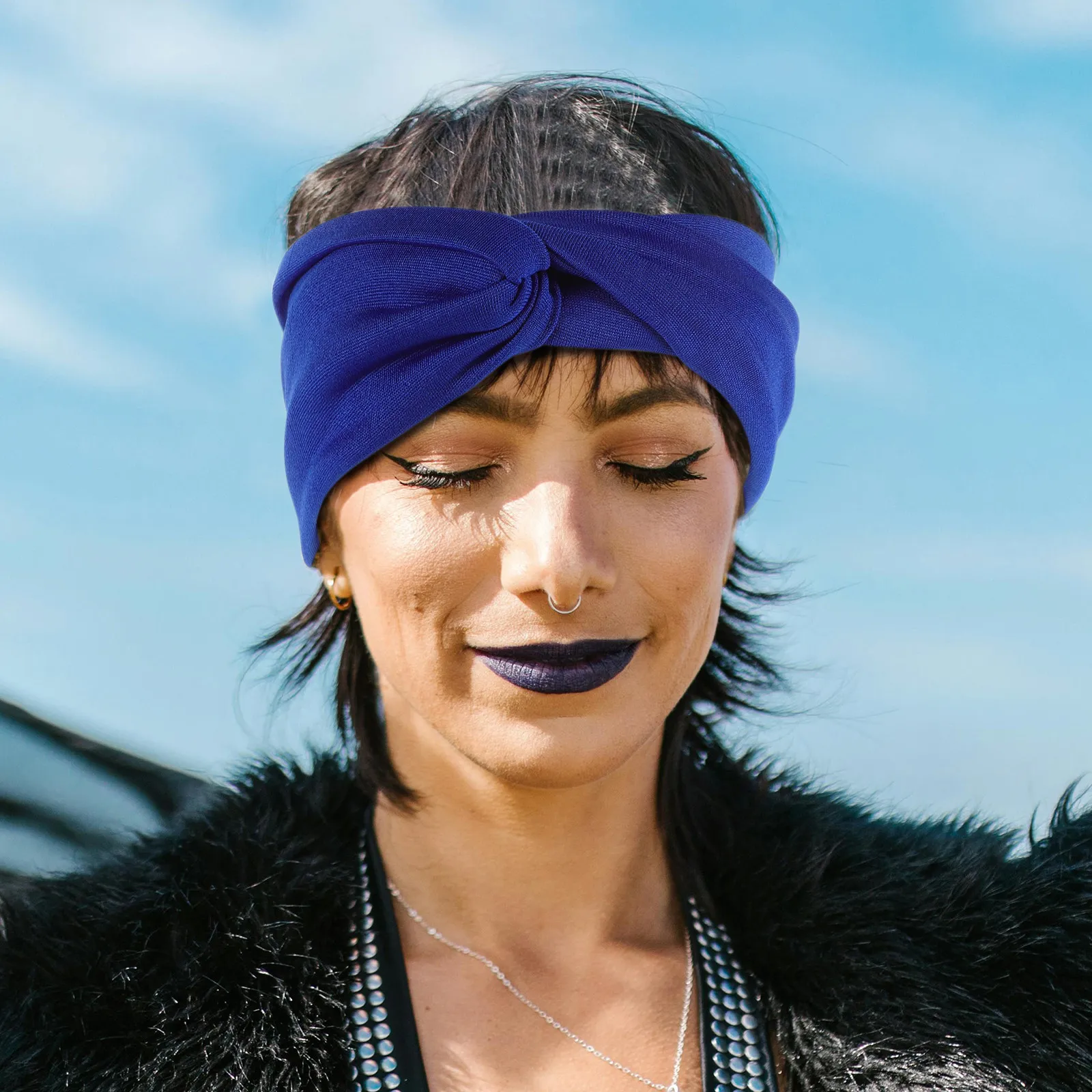 

Women's Navy Blue Elastic Hair Wrap Headband Breathable Sweat-Absorbing Wrinkle Free Lightweight Soft Turban for Sports Party