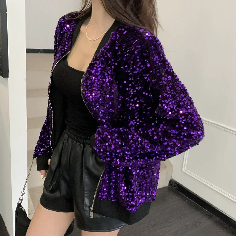 SALIENCY Korean Sequin  Coat  Female  Streetwear Spring  Bomber Jacket Long Sleeve Zipper  Baseball Suit Blouse Cardigan