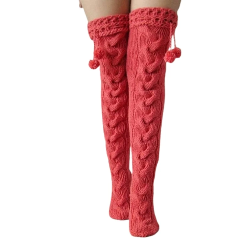 Women Winter Chunky Cable Knit Thigh High Socks Plush Ball Bowknot Over Knee Long Stockings Boot Cover Leg Drop Shipping