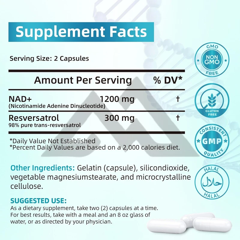 อาหารเสริม NAD+แคปซูล: Super Liposomal Resveratrol ช่วยเพิ่มความอดทนของสุขภาพเซลล์ รองรับริ้วรอยที่ดีต่อสุขภาพ 1500 มก. 60 แคปซูล