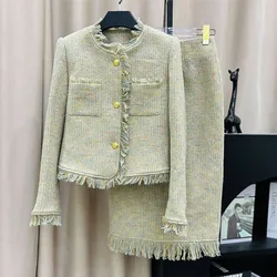 Green Professional suit tweed jacket + skirt spring / autumn  women's Coat Business ladies 2 piece skirt sets