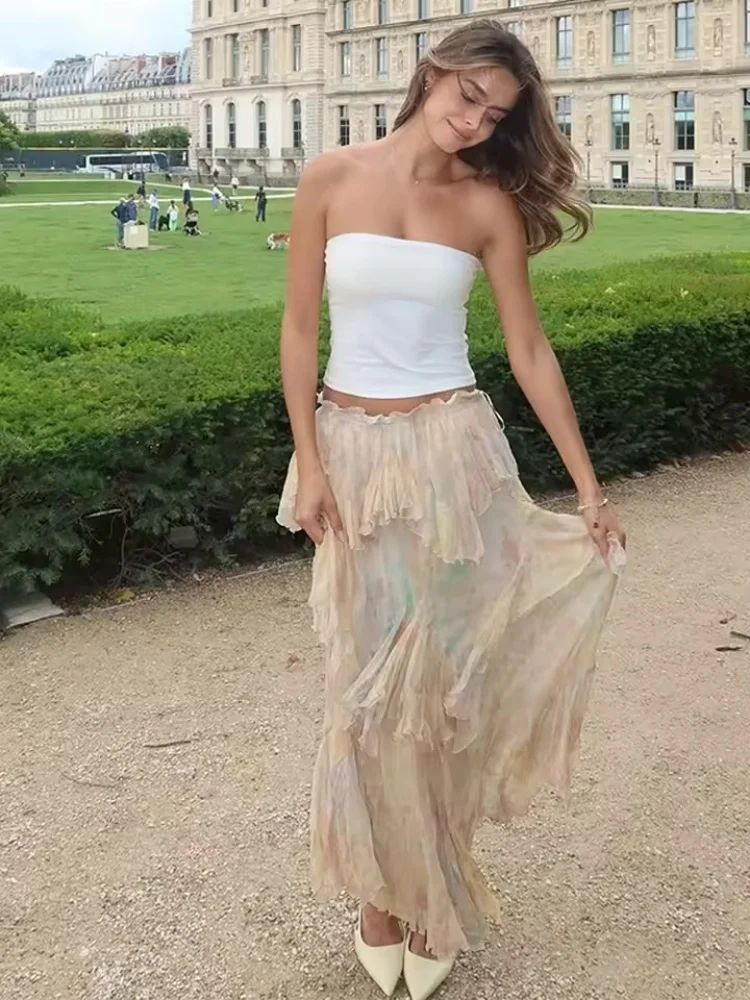 Новые женские юбки с градиентным принтом и эластичным поясом, многоуровневые юбки до щиколотки со средней посадкой, модные юбки для летней вечеринки