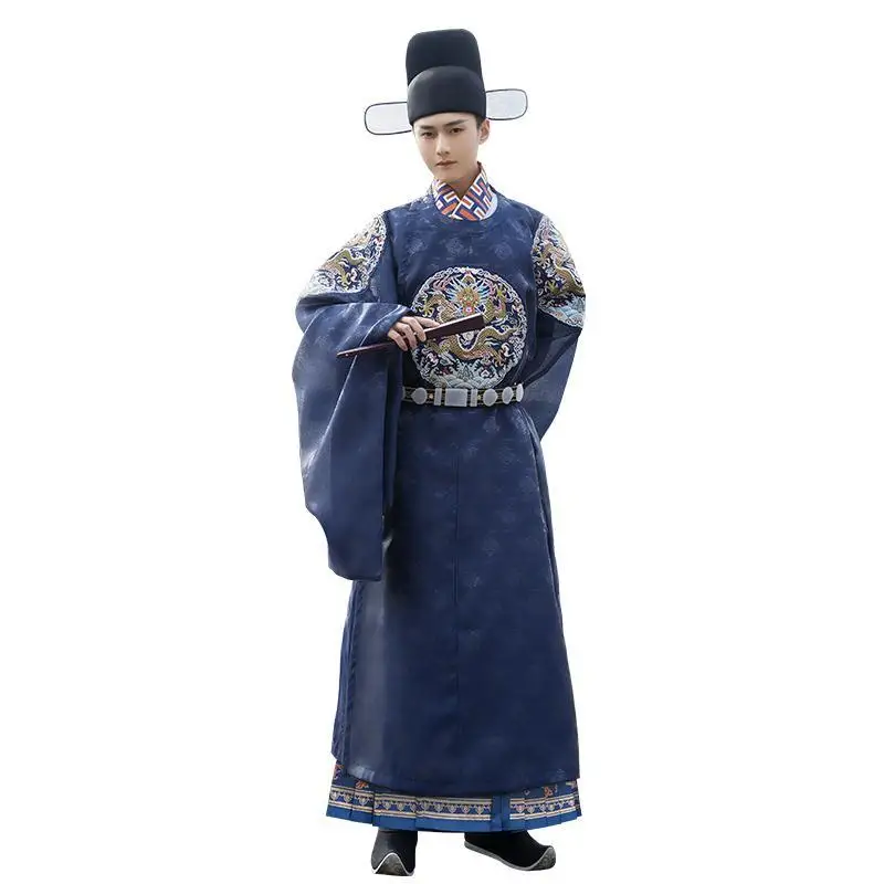 Hanfu men\'s Ming Dynasty dragon embroidered round neck gown Couple style red can be used as Chinese wedding dress men\'s banquet