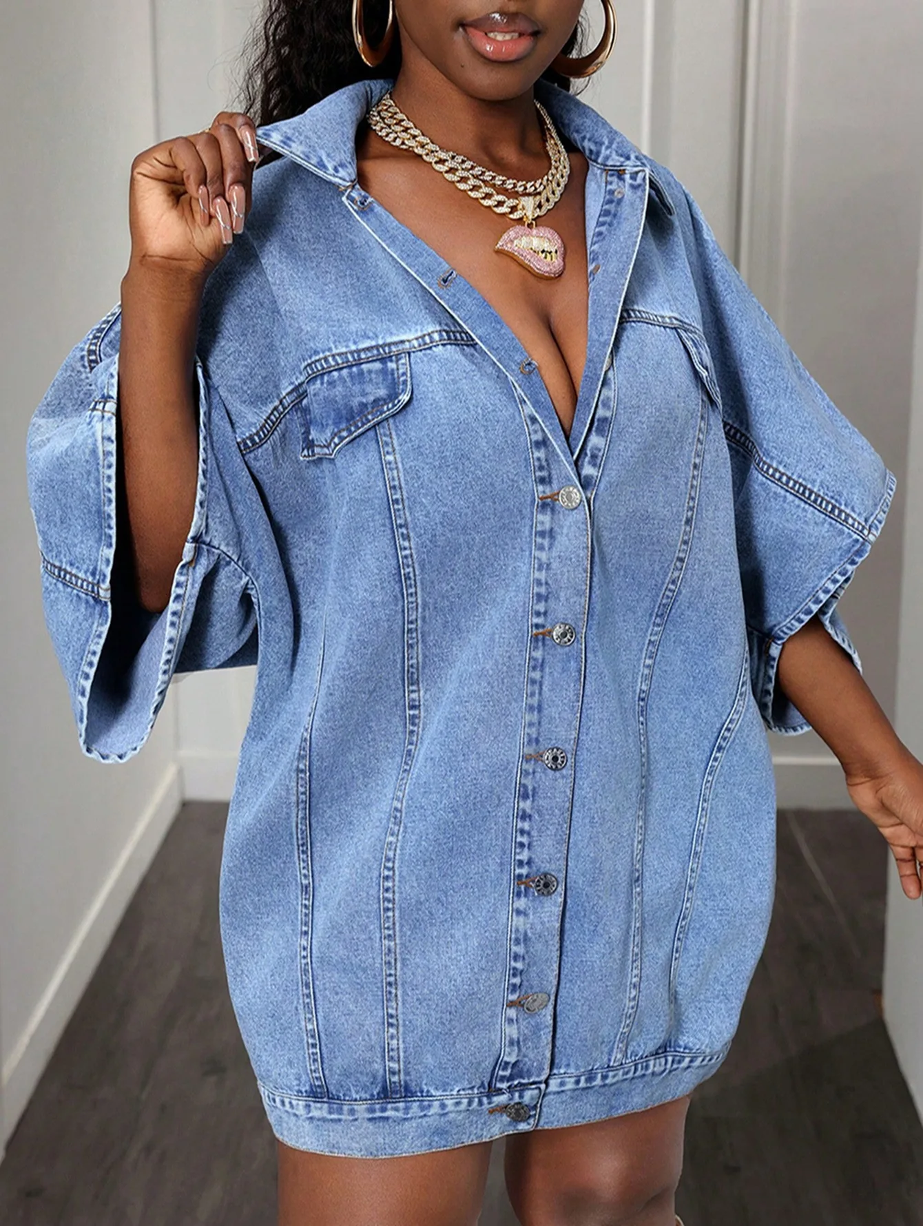 Veste en jean décontractée pour femmes, mode printemps-automne, nouveau manteau ample à revers de couleur unie, demi-manches, simple boutonnage