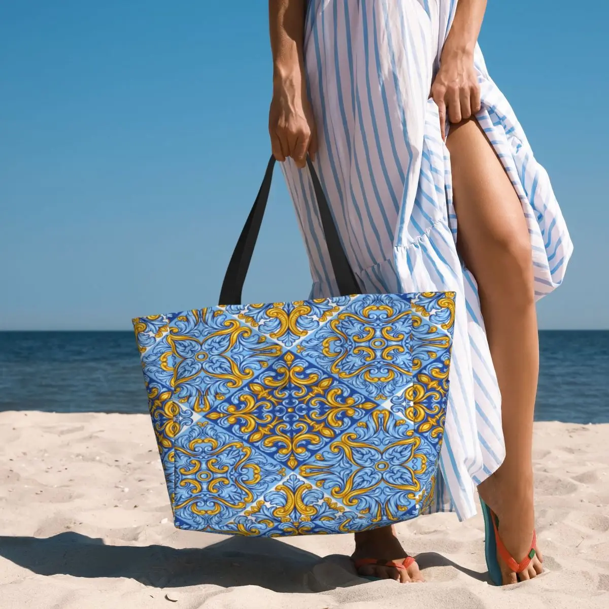 Bolso de viaje de playa de repetición de azulejos portugueses, bolso de mano, bolso de hombro deportivo de Compras de moda, patrón de múltiples estilos