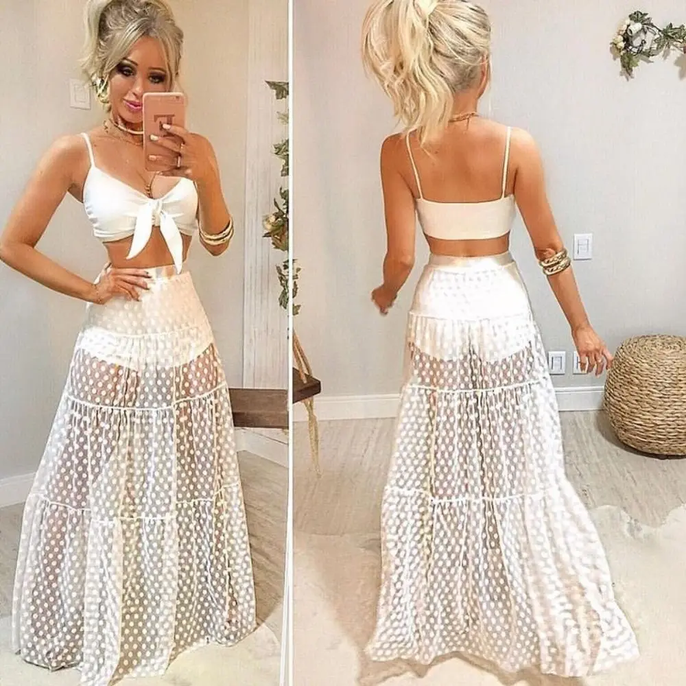 Fashion See-Through Mesh Maxi Skirt Sexy High Waist Long Tulle Skirt Flowy Soft Beach Bikini Cover-up for Women