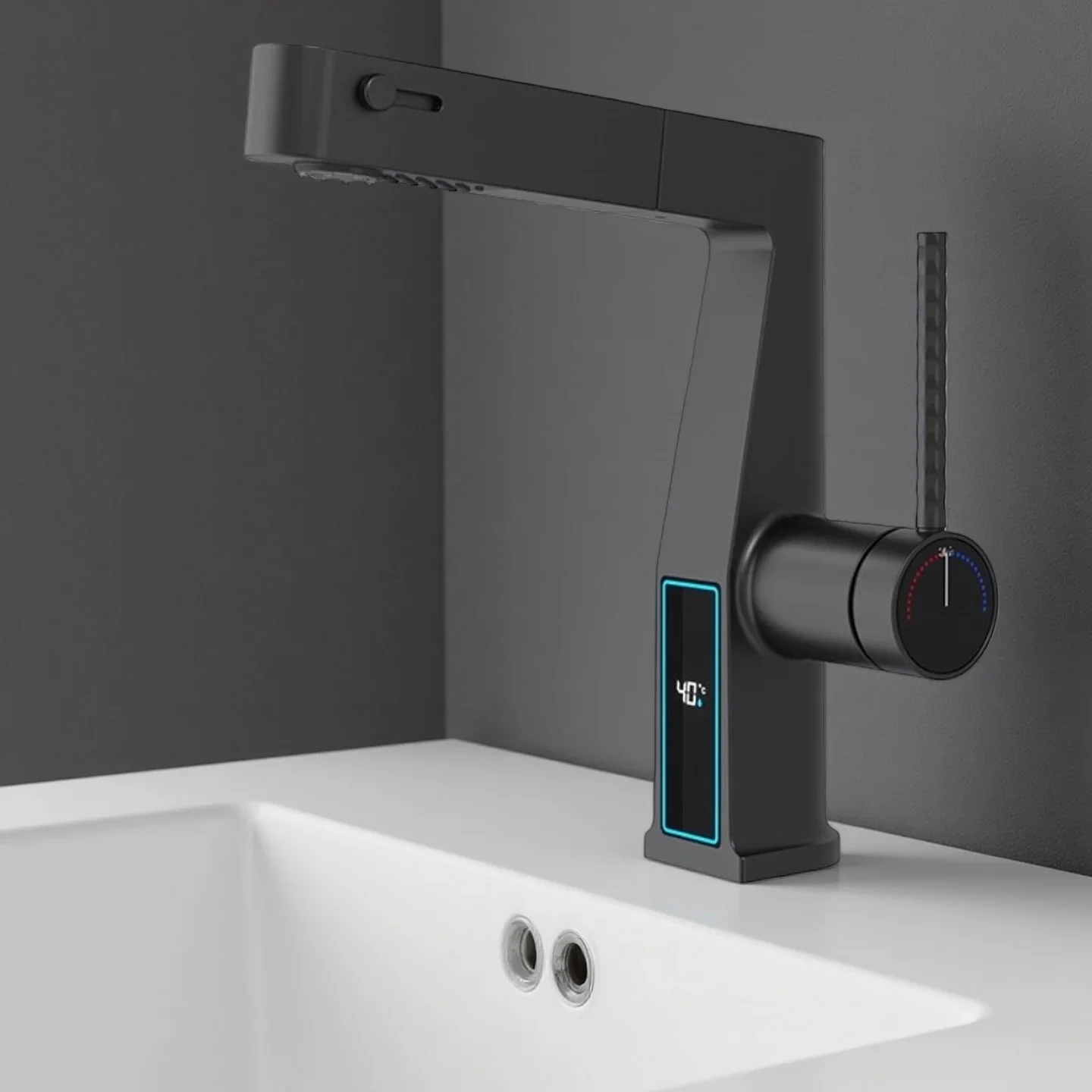 Bathroom Faucet Light Luxury Copper Digital Display Pull-out Faucet Bathroom Hot and Cold Double Open Faucet G3/8G1/2
