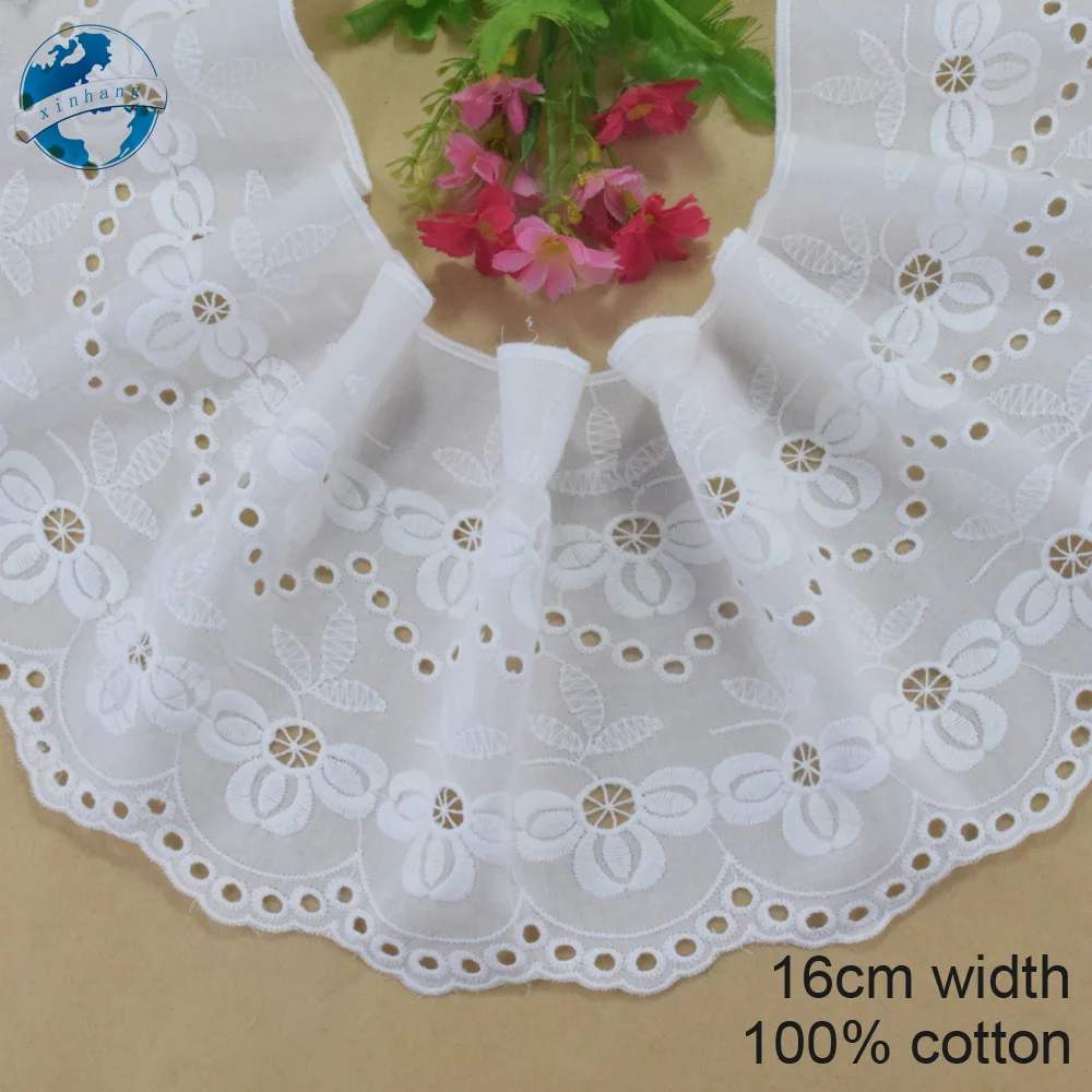 16cm Wide Embroidery White Lace 100% Cotton Fabric Sewing Ribbon Trim Wedding Dress DIY Dolls Colthes Curtain Accessories#4324