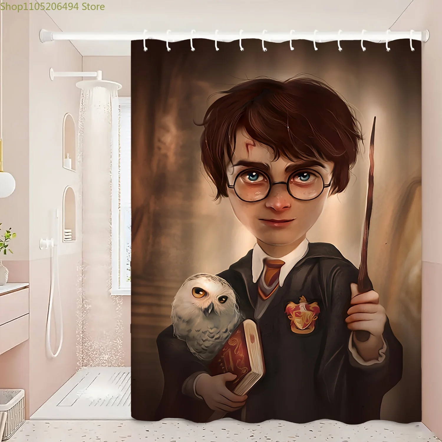 Cortina de Ducha para Baño con Estampado Divertido de Warner, Diseño de Harry Potter con Varita y Búho Sosteniendo un Libro, Cortina de Ducha Creativa
