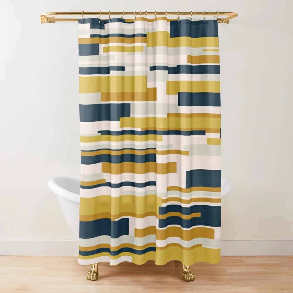 Wright Midcentury Modern Geometric Abstract Pattern in Mustard Yellow, Navy Blue, and Pale Blush Shower Curtain